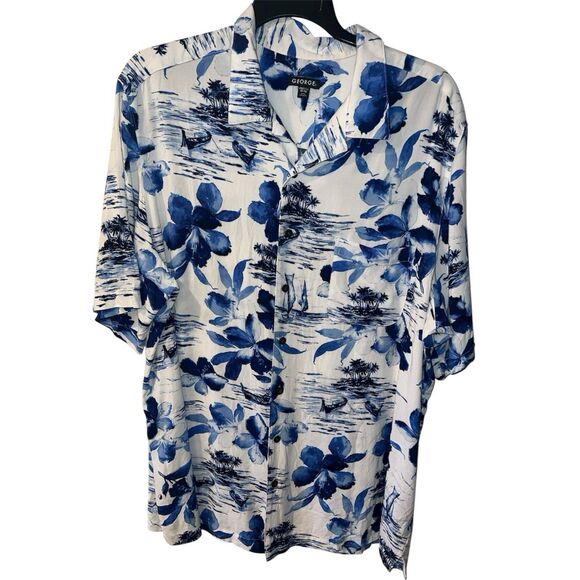 GEORGE Hawaiian Shirt Mens 2XL White & Blue Floral Rayon Button Front Vintage - Picture 1 of 8